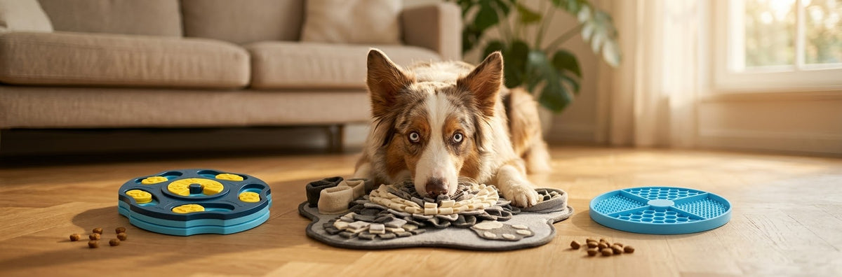 Chien détendu entouré d'un puzzle, d'un tapis de fouille et d'un tapis de léchage